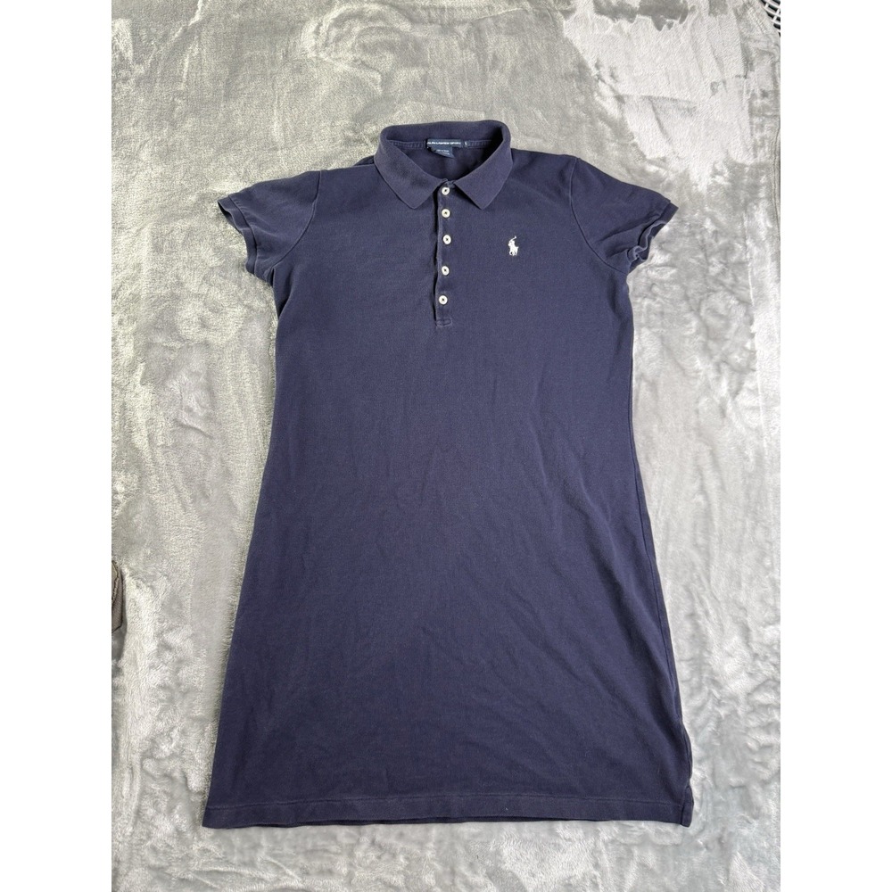 Ralph Lauren Sport Blue Logo Polo Shift Shirt Dress Y2K Cotton Preppy Sz Large